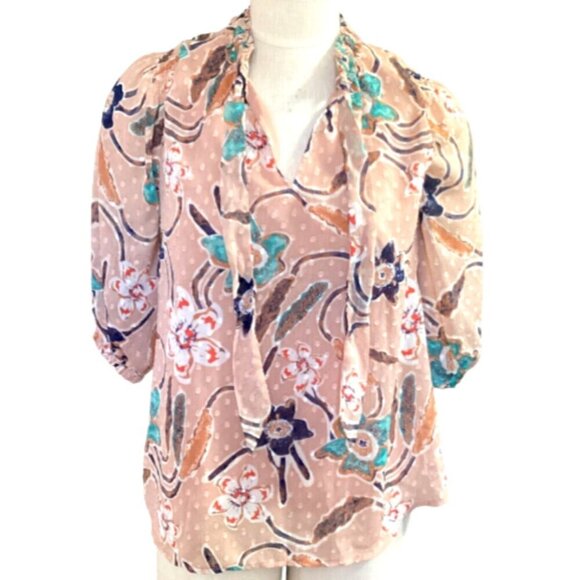 JOIE Polka Dot Tie-Neck Floral & Swiss Dot Blouse Sz S #69P - Picture 3 of 11